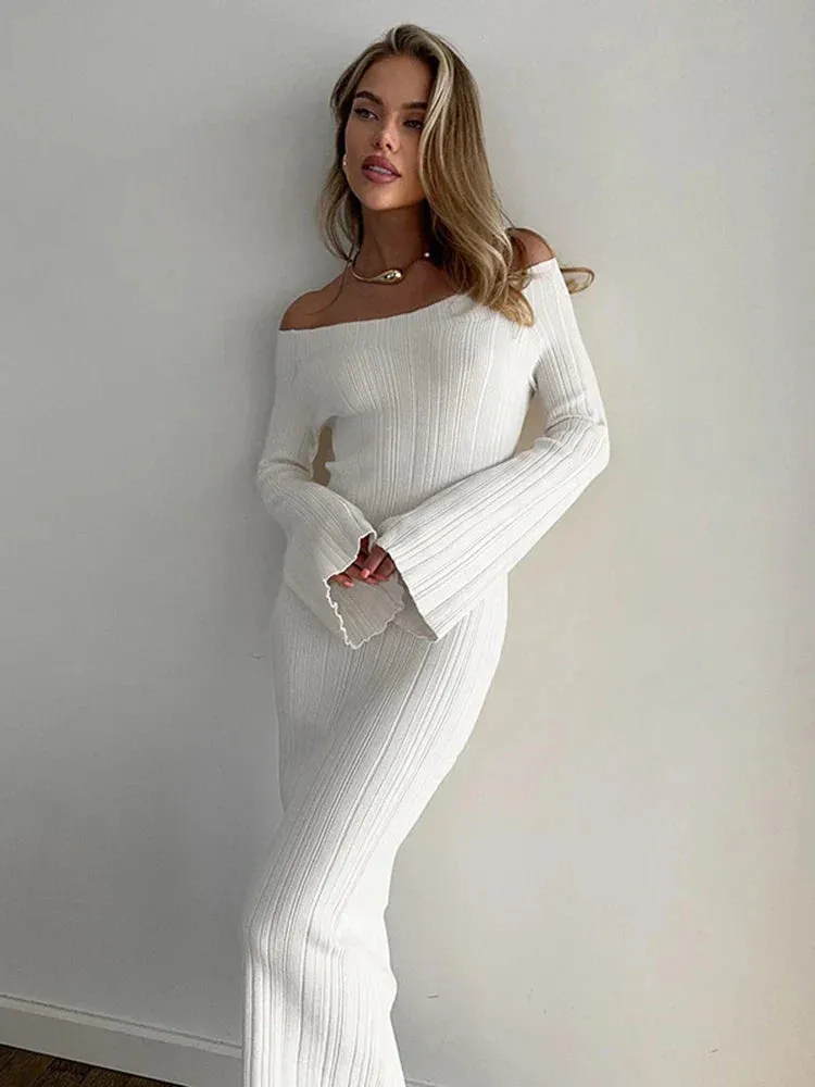 Black Friday Joskaa Knit Long Sleeve Slim Dress For Women Elegant One-Shoulder Sexy Long Gown Dresses Solid Rib Sweater Dress Autumn Winter