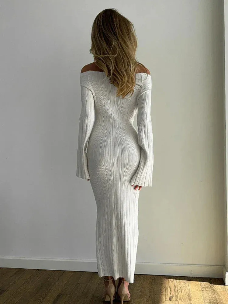Black Friday Joskaa Knit Long Sleeve Slim Dress For Women Elegant One-Shoulder Sexy Long Gown Dresses Solid Rib Sweater Dress Autumn Winter