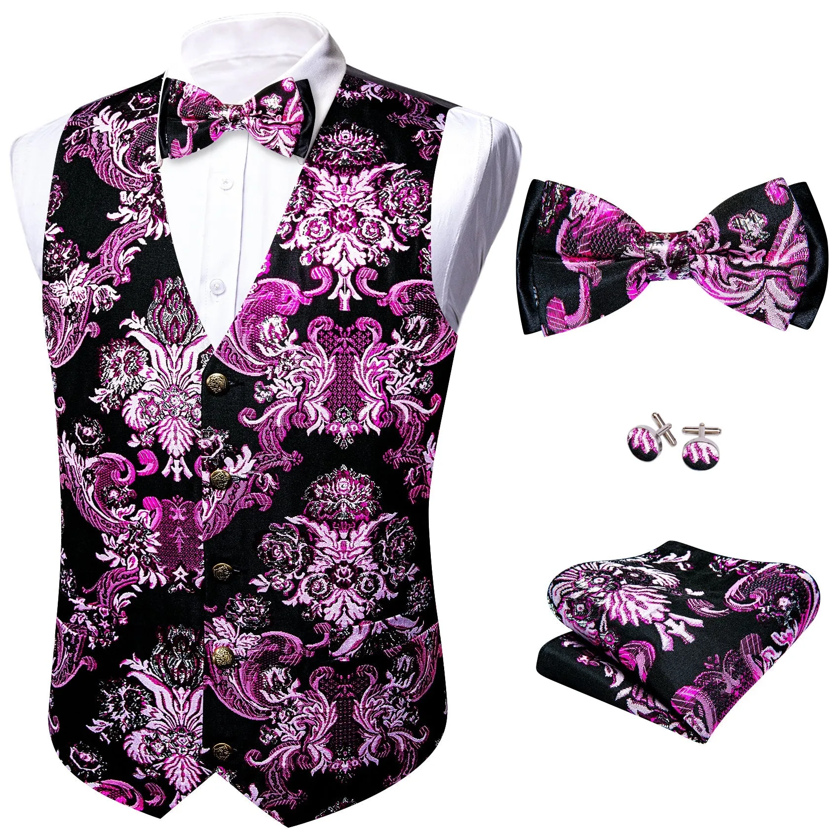 Black Pink Floral Silk Men's Vest Bow Tie Set Waistcoat Suit Set