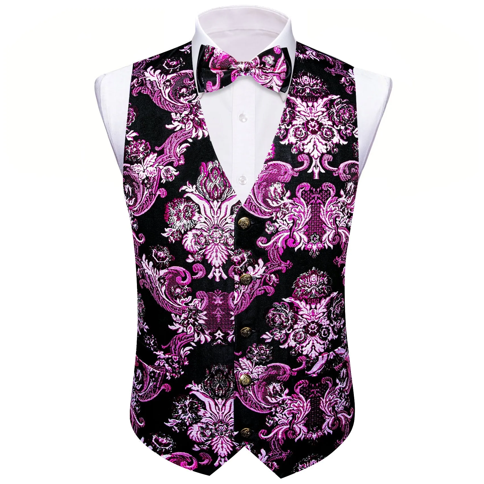 Black Pink Floral Silk Men's Vest Bow Tie Set Waistcoat Suit Set