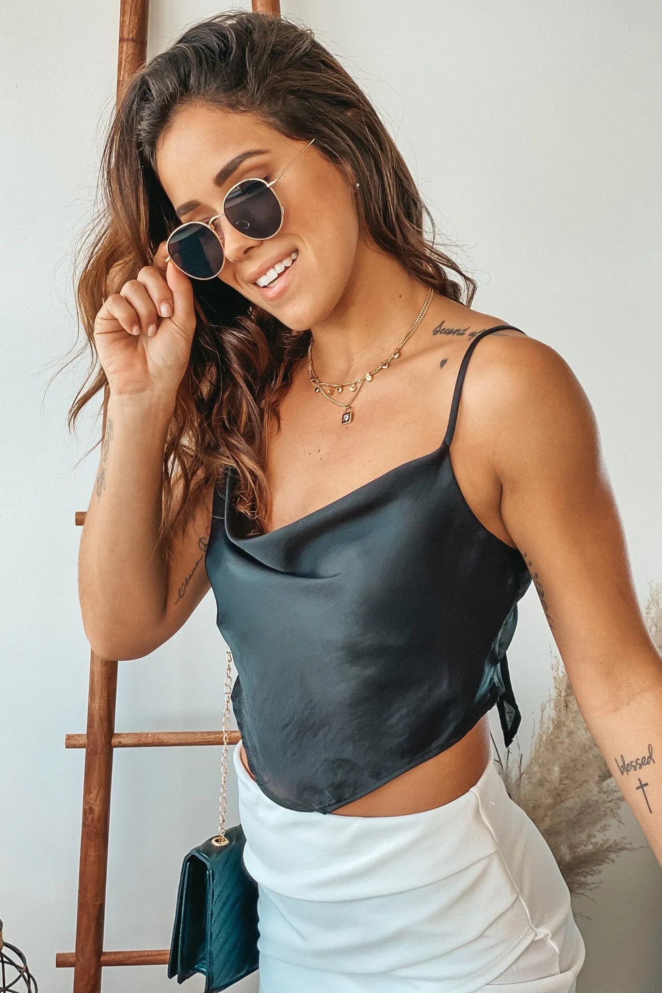 Black Satin Cowl Neck Scarf Top