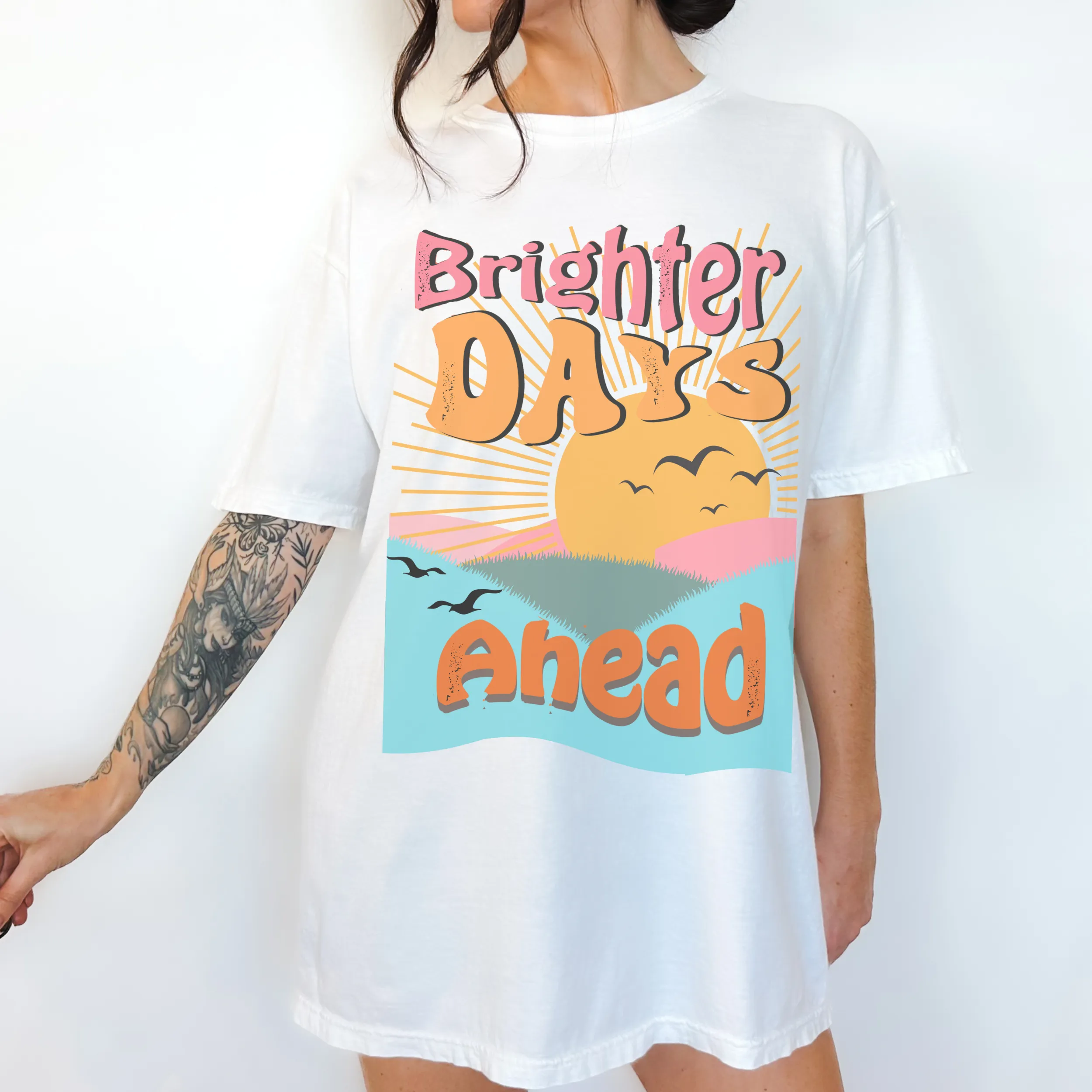 Brighter Days Ahead Comfort Colors® T-Shirt, T-Shirt Dress, Faded Graphic Design Tee, Oversized print, BOHO, Summer T-Shirt, Gift for Mom