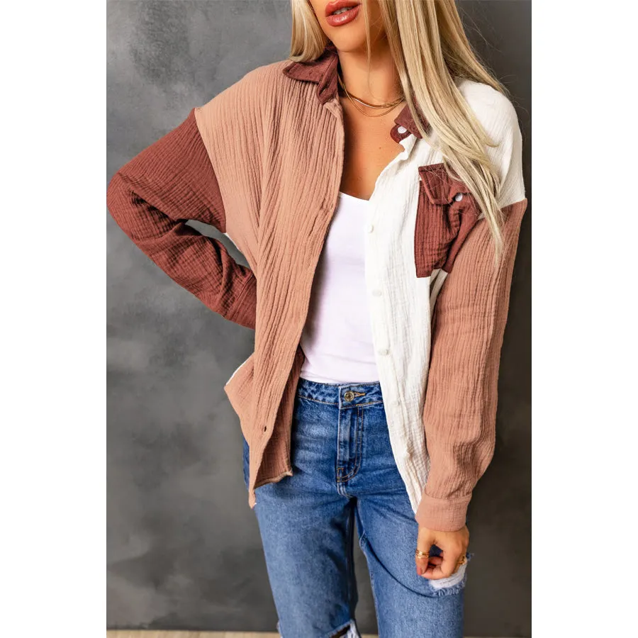 Color Block Textured Drop Shoulder Shacket