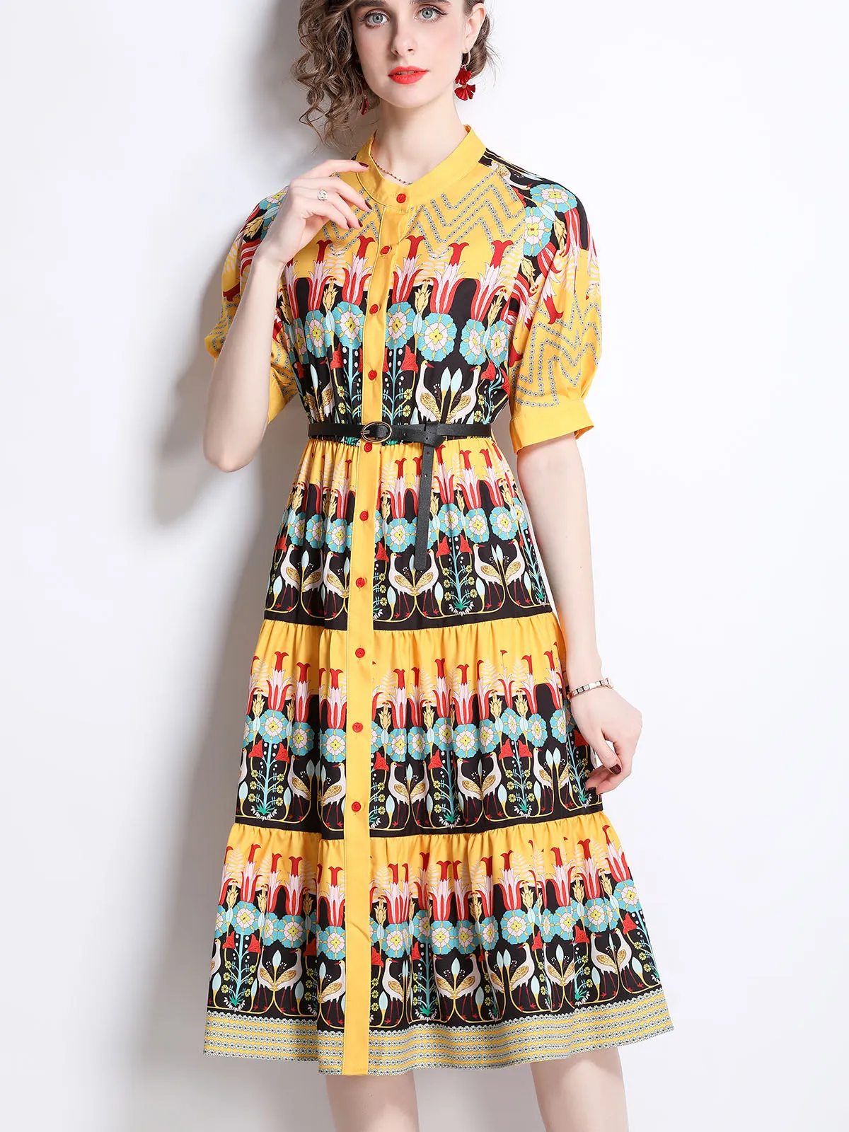 Crewneck Jullet Short Sleeves Floral Printed High Waist Swing Boho Dress with Belt