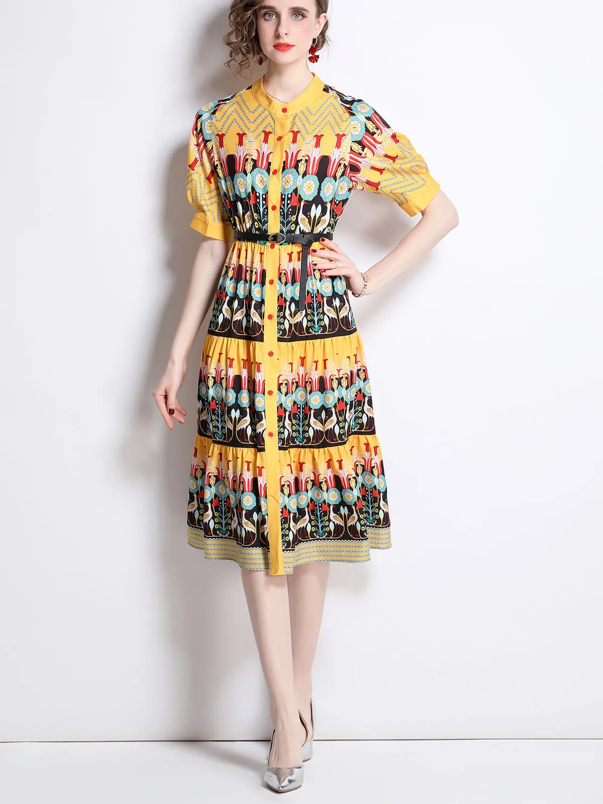 Crewneck Jullet Short Sleeves Floral Printed High Waist Swing Boho Dress with Belt