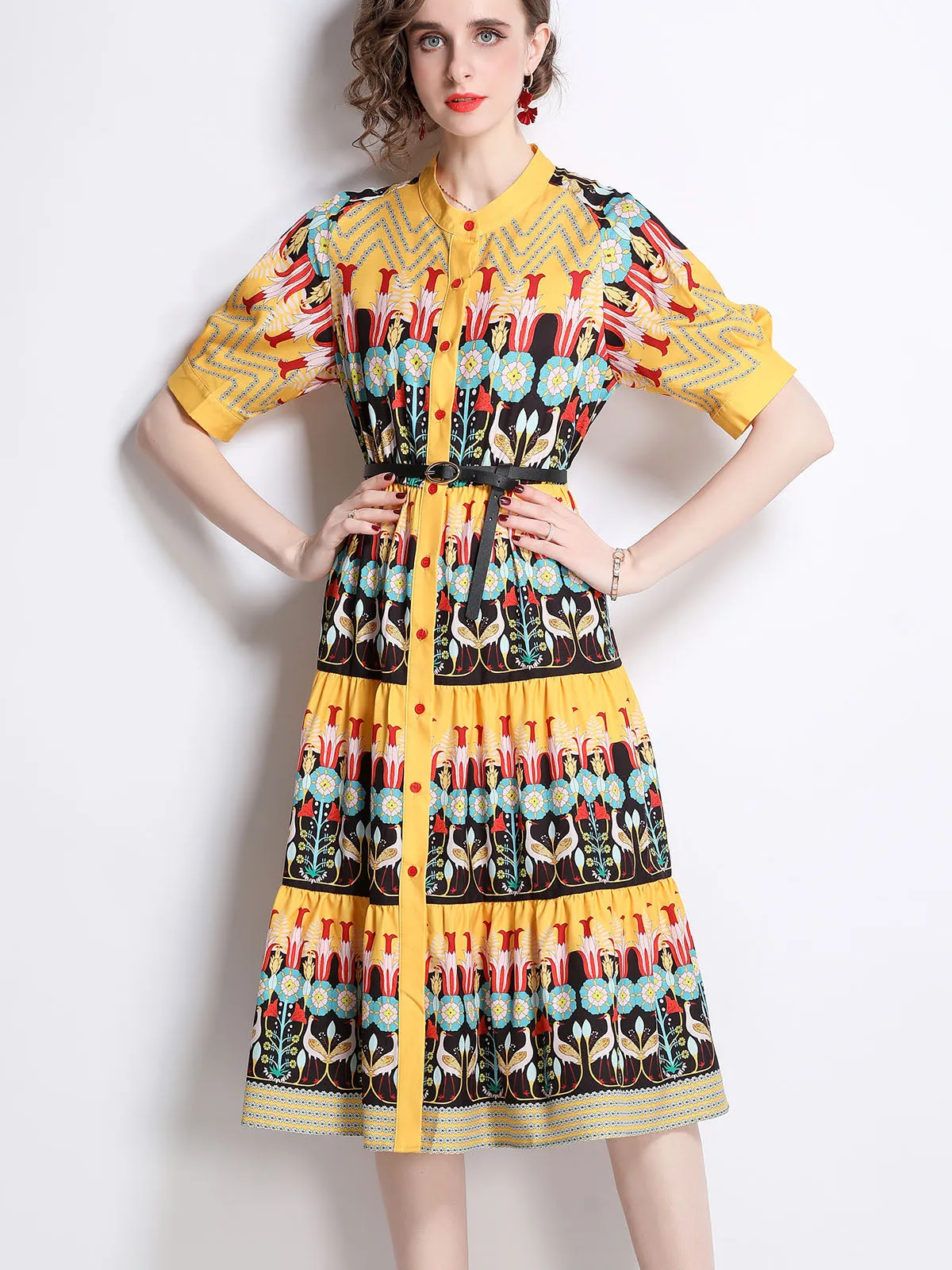 Crewneck Jullet Short Sleeves Floral Printed High Waist Swing Boho Dress with Belt