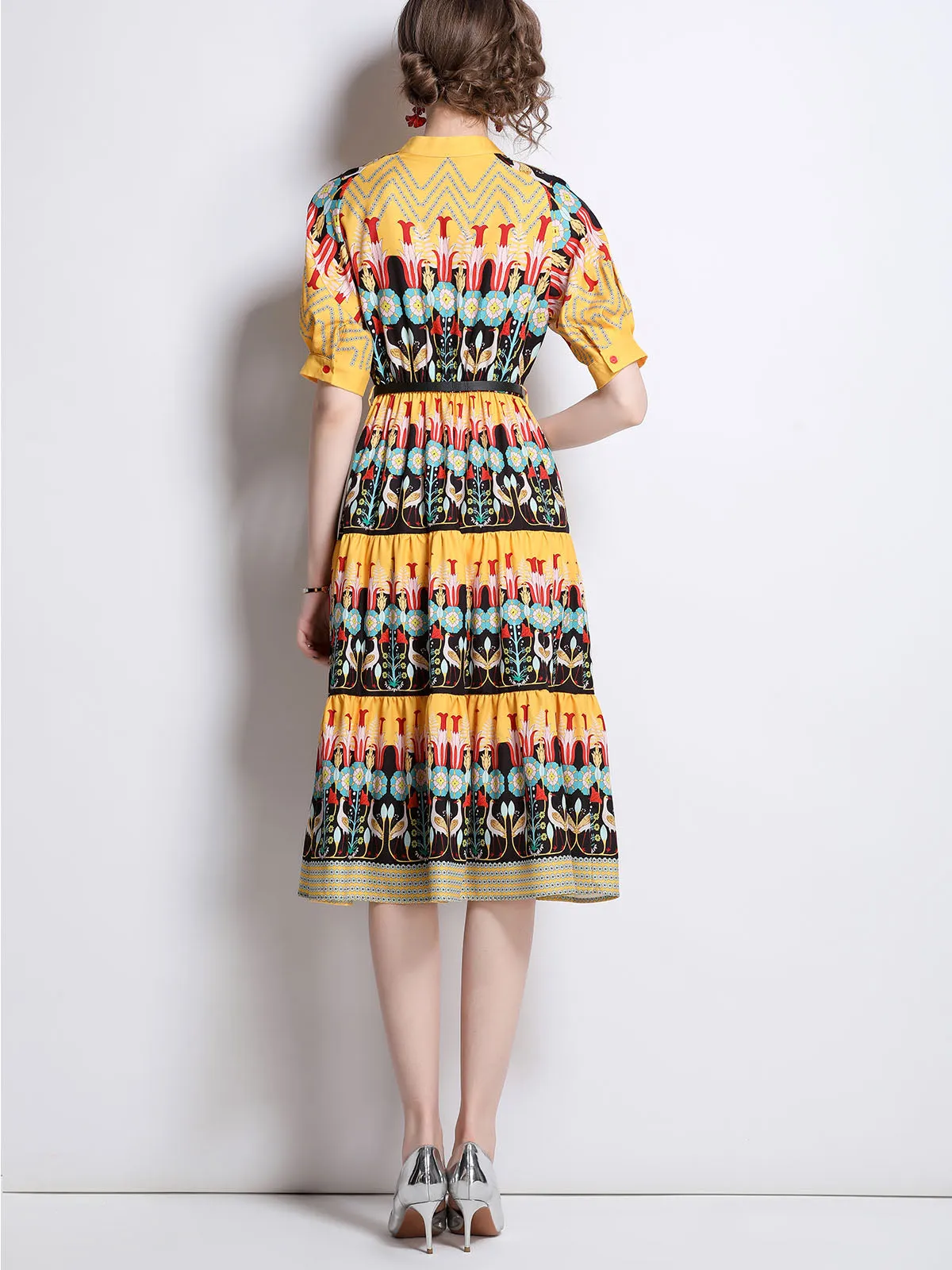 Crewneck Jullet Short Sleeves Floral Printed High Waist Swing Boho Dress with Belt