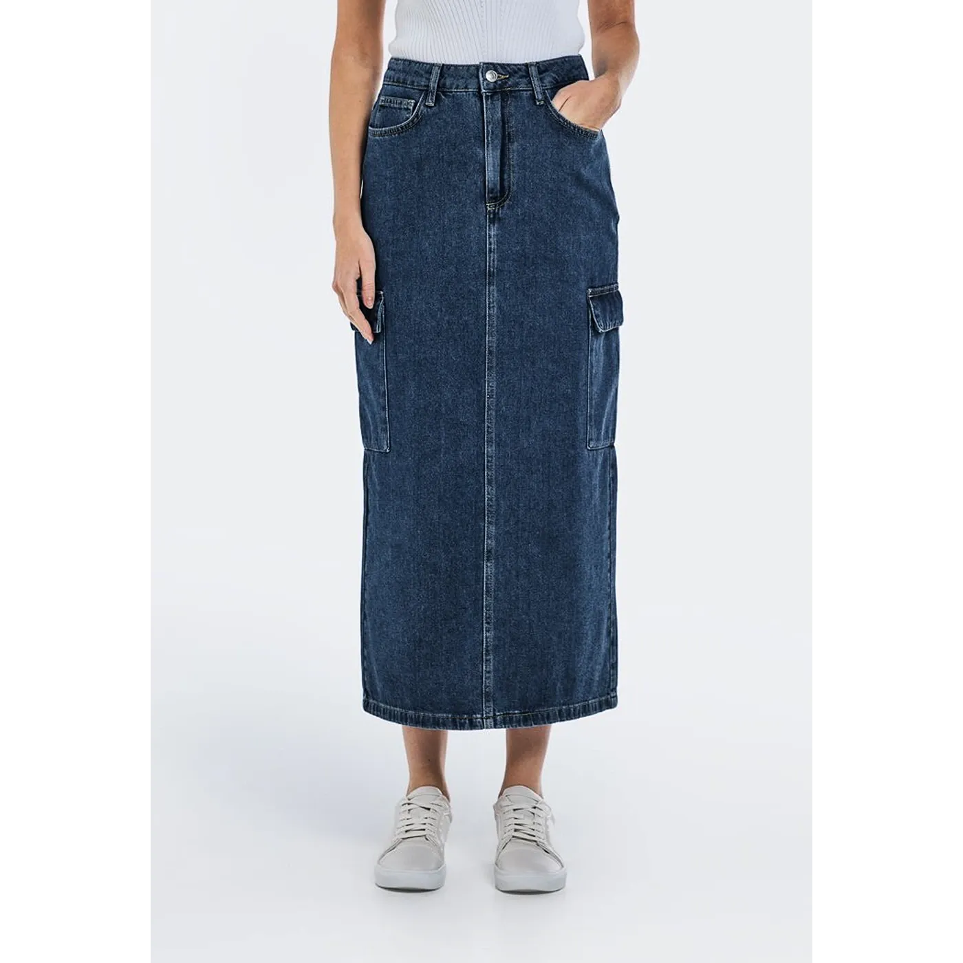 Dark Blue Maxi Back Slit Denim Skirt