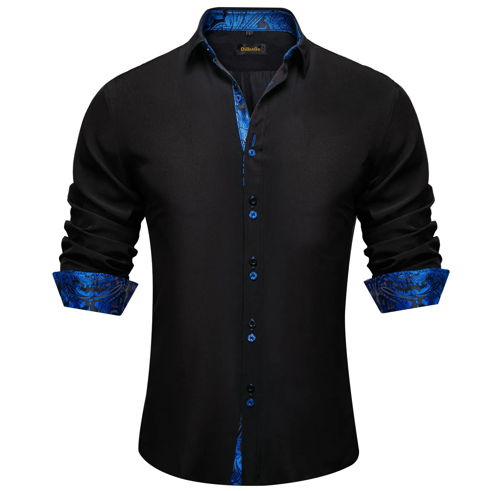 DiBanGu Silk Button Down Shirt Black Blue Splicing Long Sleeve Shirt For Men