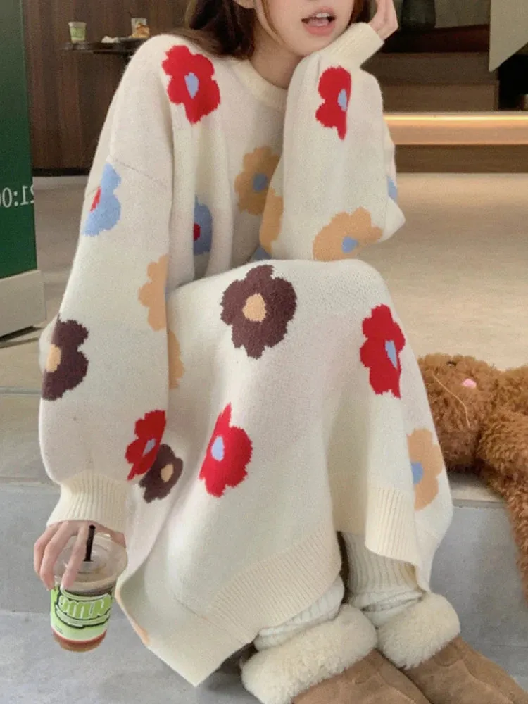Floral Knitted Long Dresses Women Autumn Winter Casual Loose Sweater Dress Female Korean Fashion Oversized Sweet All Match Dress