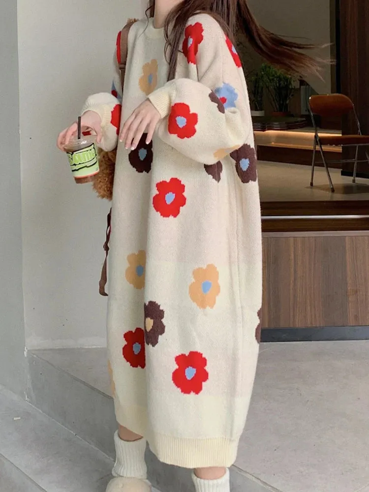 Floral Knitted Long Dresses Women Autumn Winter Casual Loose Sweater Dress Female Korean Fashion Oversized Sweet All Match Dress