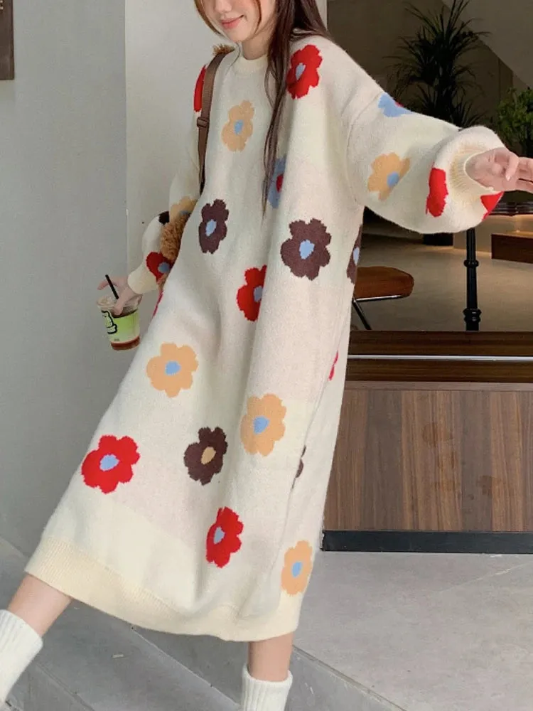 Floral Knitted Long Dresses Women Autumn Winter Casual Loose Sweater Dress Female Korean Fashion Oversized Sweet All Match Dress