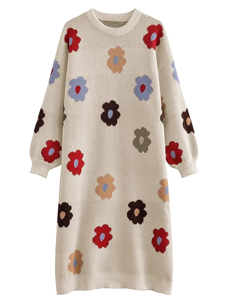 Floral Knitted Long Dresses Women Autumn Winter Casual Loose Sweater Dress Female Korean Fashion Oversized Sweet All Match Dress