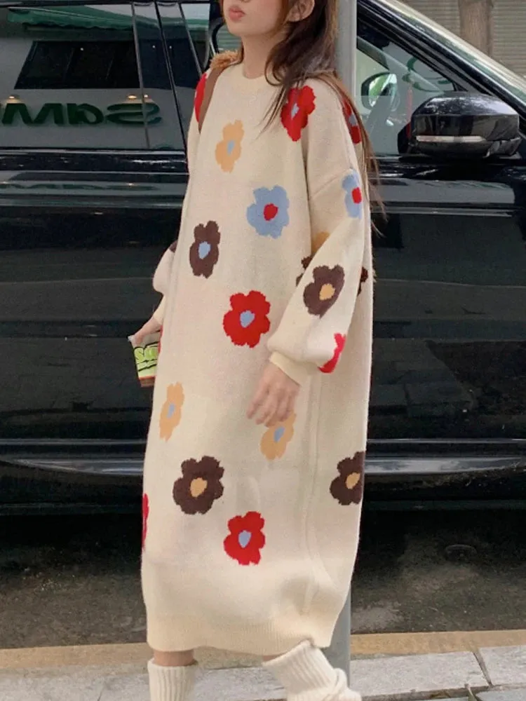 Floral Knitted Long Dresses Women Autumn Winter Casual Loose Sweater Dress Female Korean Fashion Oversized Sweet All Match Dress