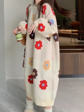 Floral Knitted Long Dresses Women Autumn Winter Casual Loose Sweater Dress Female Korean Fashion Oversized Sweet All Match Dress