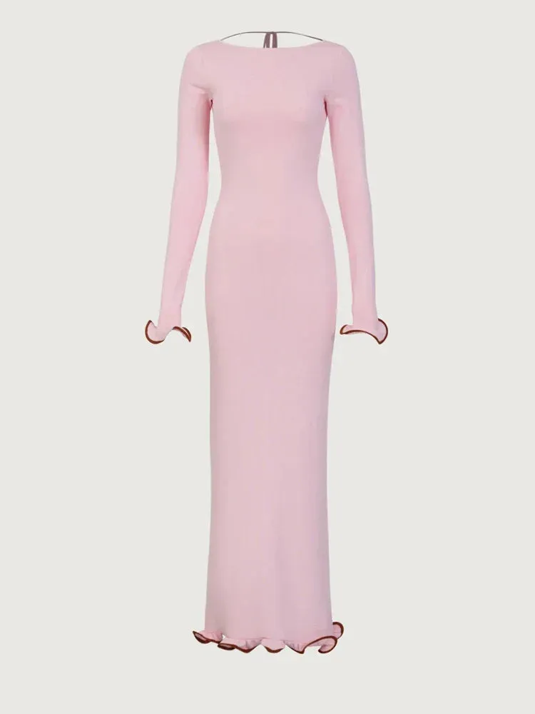 Flytonn Knit Sweater Ruffled Long Dress Women Backless Fashion Ribbed Long Sleeve Elegant Party Dress Female Knitwear Autumn Dress