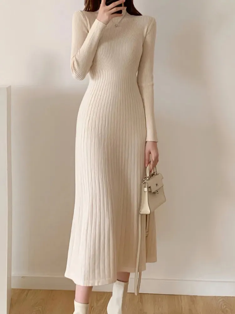 Getadme Autumn Winter Slim Long Sleeve Party Midi Dress for Women Knitted Half High Collar Elegant Knitted Sweater Dresses Ladies