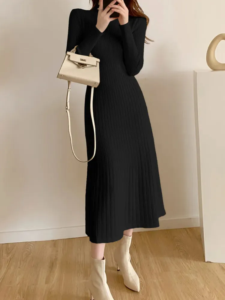 Getadme Autumn Winter Slim Long Sleeve Party Midi Dress for Women Knitted Half High Collar Elegant Knitted Sweater Dresses Ladies