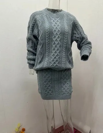 Joskaa Elegant Two Piece Set for Women Autumn/winter Dress Sets Women's O-Neck Korean Lazy Style Grey Knitted Sweater Short Skirt Sets