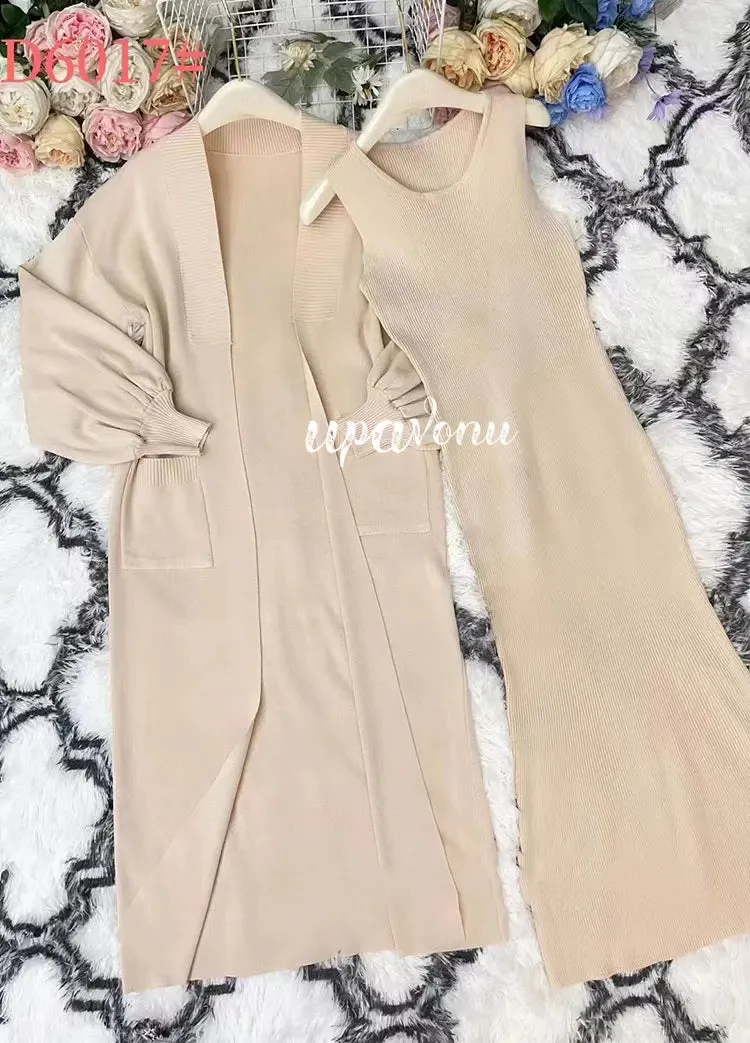LVSANW Casual Solid Knitted Sweater Long Dress Set Women Long Sleeve Loose Long Cardigan Coat&Sleeveless Mid length Dress Two Piece Set
