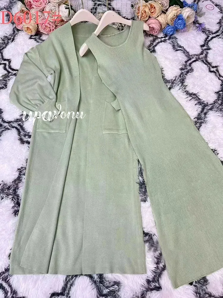 LVSANW Casual Solid Knitted Sweater Long Dress Set Women Long Sleeve Loose Long Cardigan Coat&Sleeveless Mid length Dress Two Piece Set