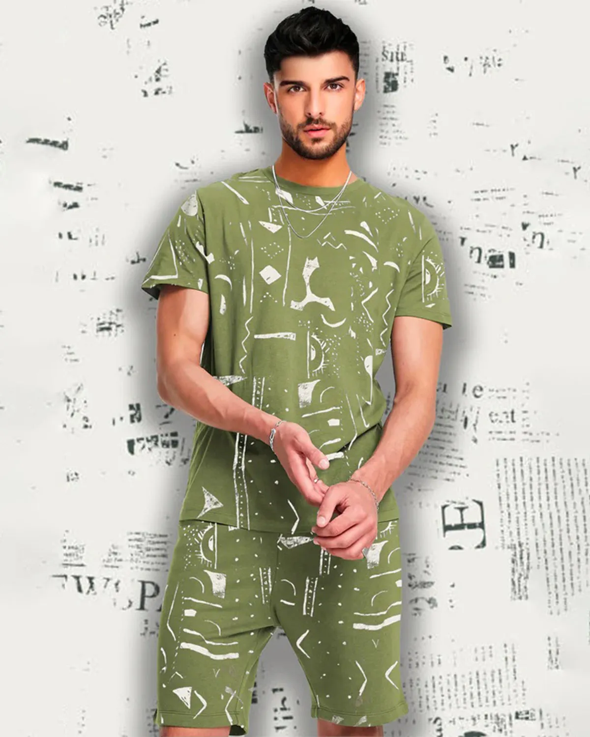 Men Printed Olive Green  Co-ord Set