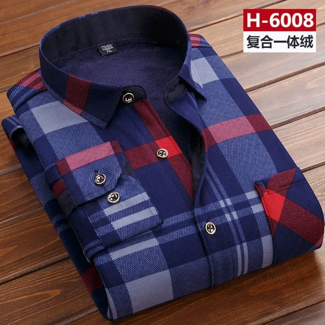 Men thermal shirt Winter Thick Flannel Warm Plaid Dress Shirts Long Sleeve Men's Work Shirts Casual Slim Fit thermo shirts 6XL