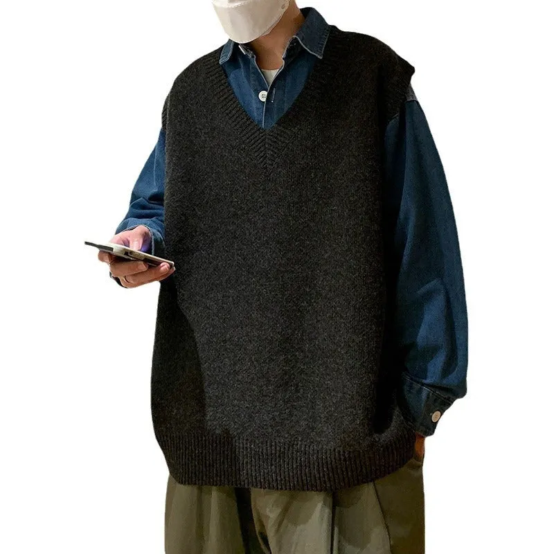 Nukty-shop non binary outfits Knitted Vest Men's Autumn and Winter Ins Sweater Vest Trendy Loose Student V-neck Waistcoat Top Clothes
