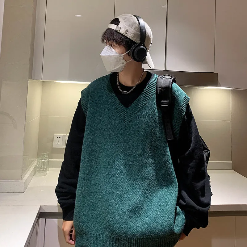 Nukty-shop non binary outfits Knitted Vest Men's Autumn and Winter Ins Sweater Vest Trendy Loose Student V-neck Waistcoat Top Clothes