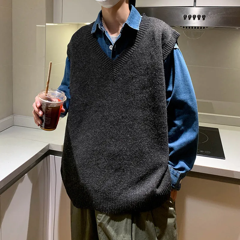 Nukty-shop non binary outfits Knitted Vest Men's Autumn and Winter Ins Sweater Vest Trendy Loose Student V-neck Waistcoat Top Clothes