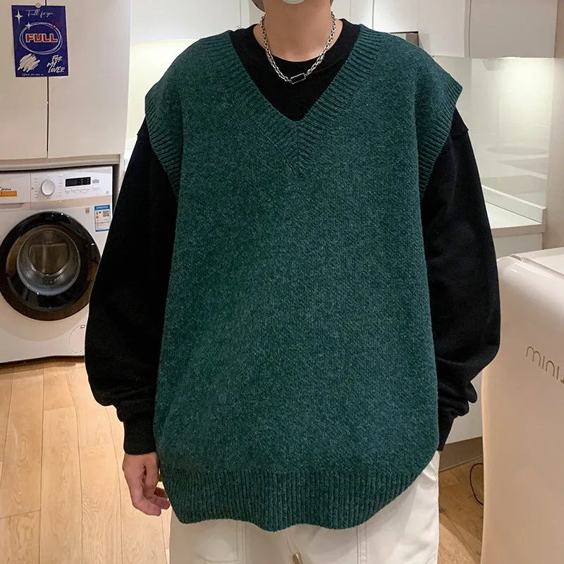 Nukty-shop non binary outfits Knitted Vest Men's Autumn and Winter Ins Sweater Vest Trendy Loose Student V-neck Waistcoat Top Clothes