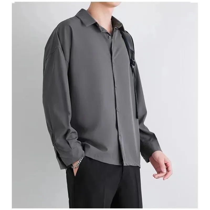 Premium Men Ice Silk Shirt Spring Summer Thin Luxury Loose Korean Business Shirt Solid Trendy Ruffle Draping Shirt Jacket B0142
