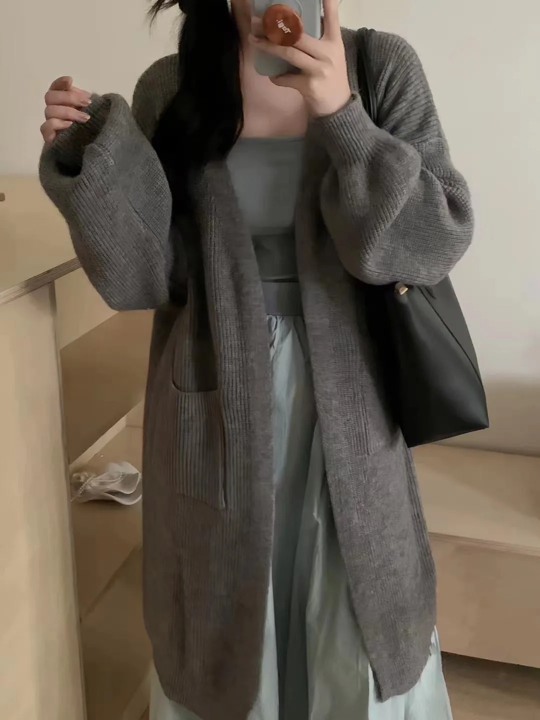 Purpdrank black sweater dress outfit French Style Mid-Length Knitted Cardigan Women's Autumn and Winter Lazy Style Loose over-the-Knee Long Sleeve Sweater Coat