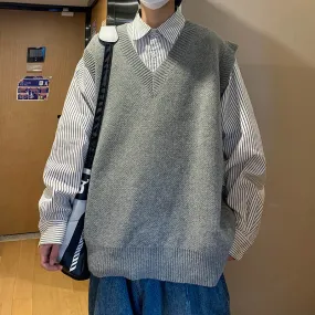 Riolio non binary outfits Knitted Vest Men's Autumn and Winter Ins Sweater Vest Trendy Loose Student V-neck Waistcoat Top Clothes