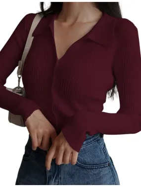 SGW Maroon V-Neck Knit Shirt Full Button - Full Sleeves