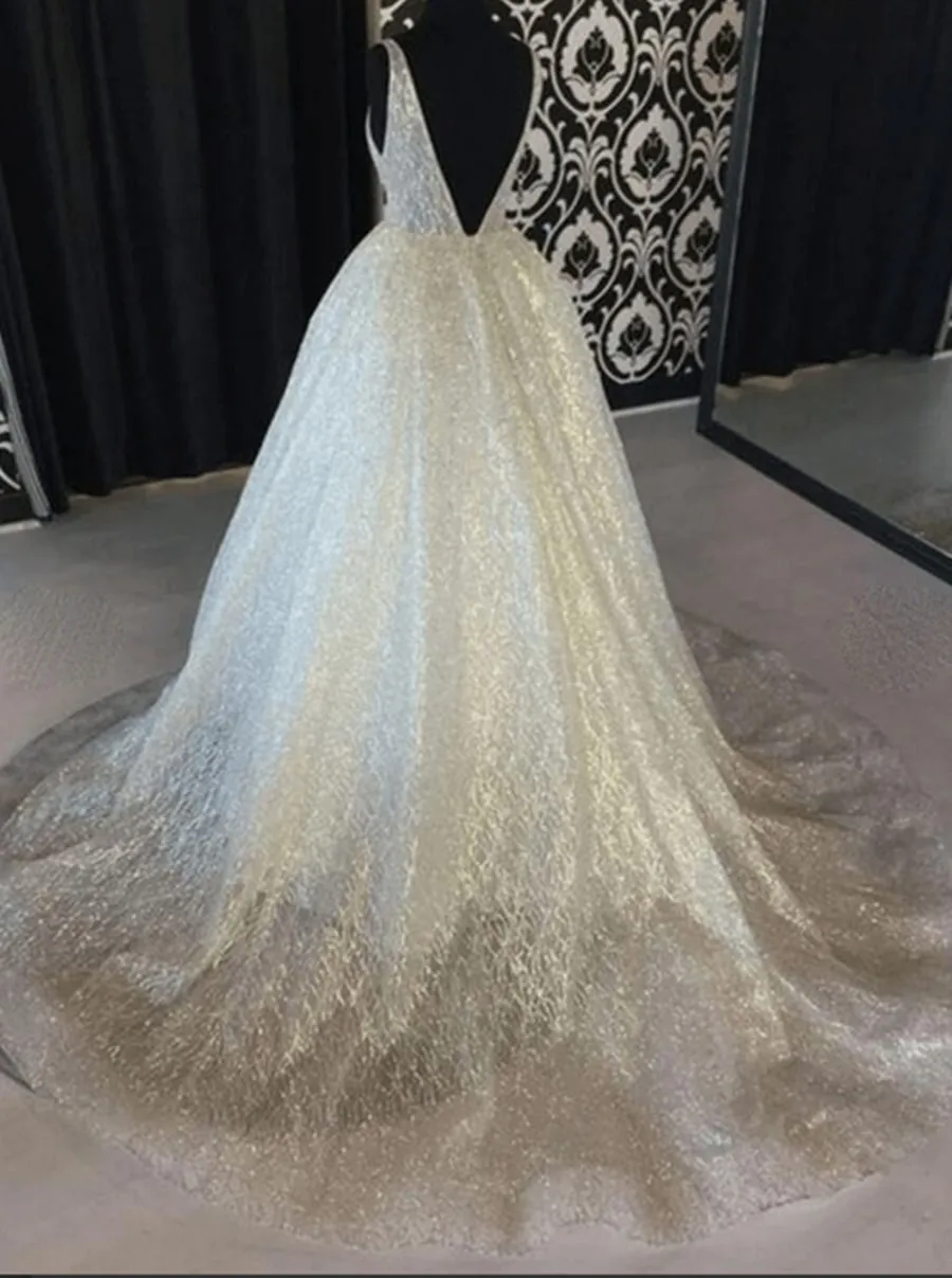 Sparkly A Line V Neck Backless Ivory Long Prom Wedding, Backless Ivory Formal, Evening