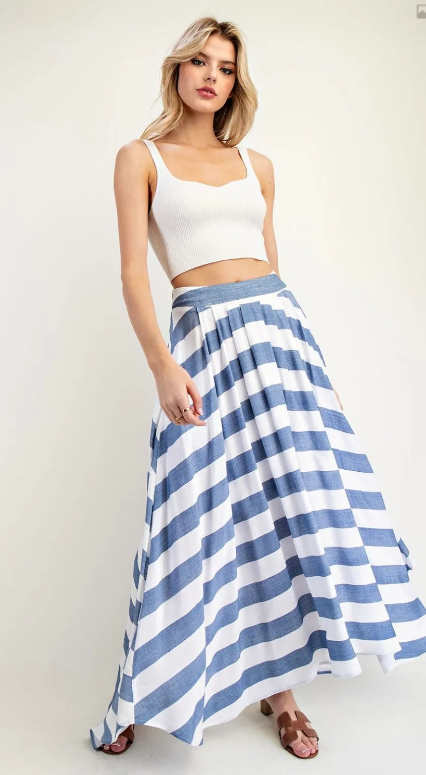 Striped Short Sleeve Cropped Top and Maxi Skirt Set by EE:Some