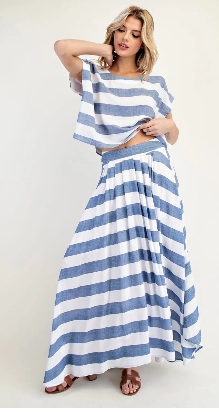 Striped Short Sleeve Cropped Top and Maxi Skirt Set by EE:Some