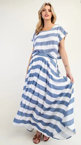 Striped Short Sleeve Cropped Top and Maxi Skirt Set by EE:Some
