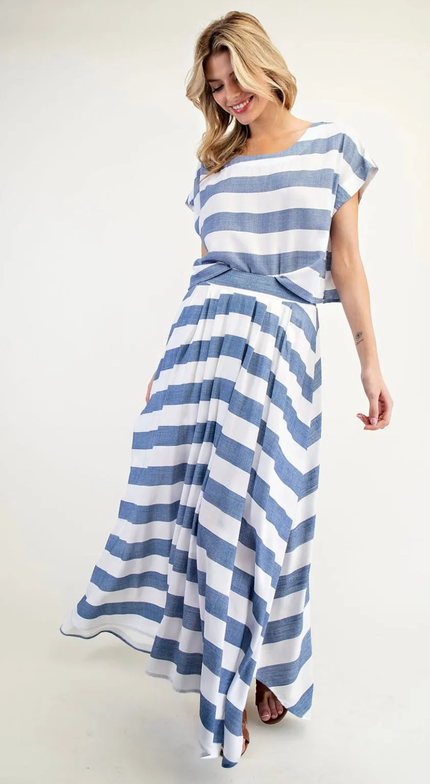 Striped Short Sleeve Cropped Top and Maxi Skirt Set by EE:Some