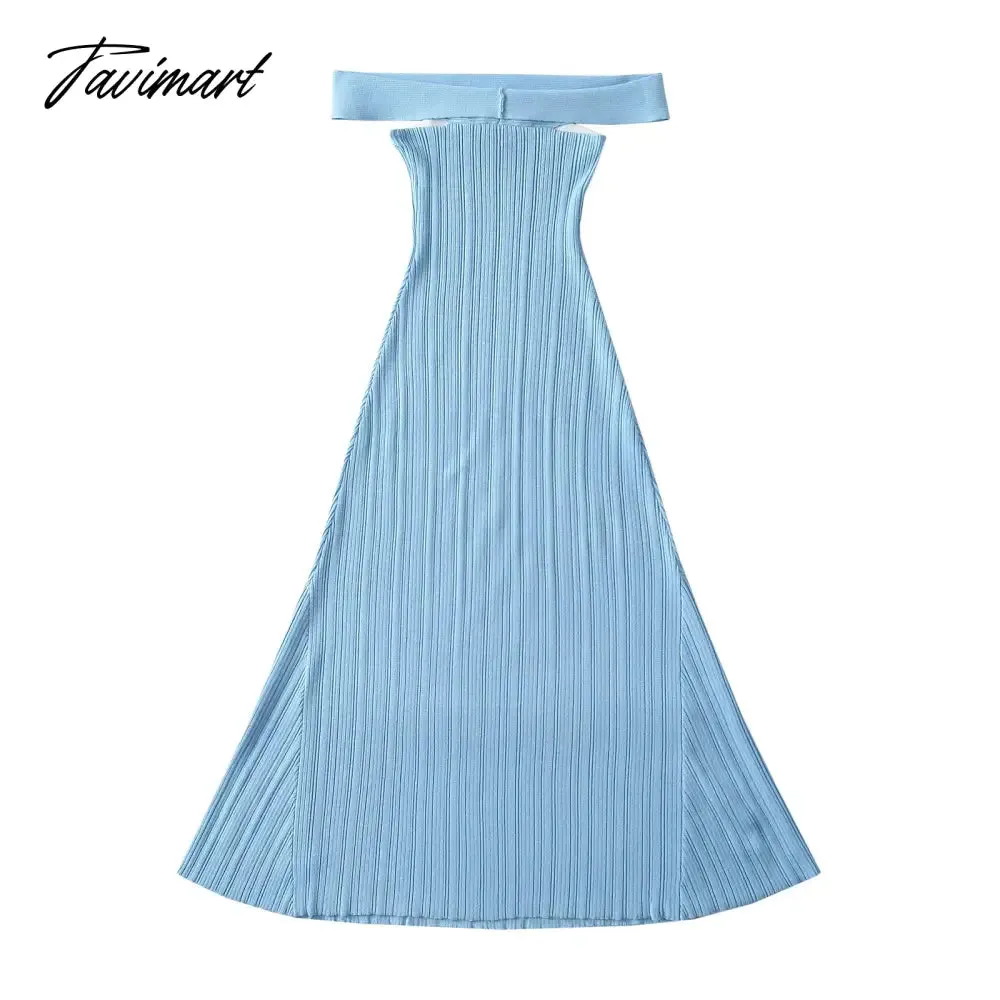 TAVIMART 2024 Winter dress women off the shoulder black short sleeve dress midi sexy elegant black knitted sweater dress slash neck blue