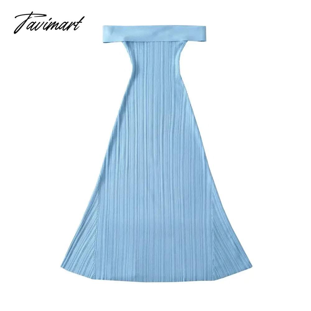 TAVIMART 2024 Winter dress women off the shoulder black short sleeve dress midi sexy elegant black knitted sweater dress slash neck blue