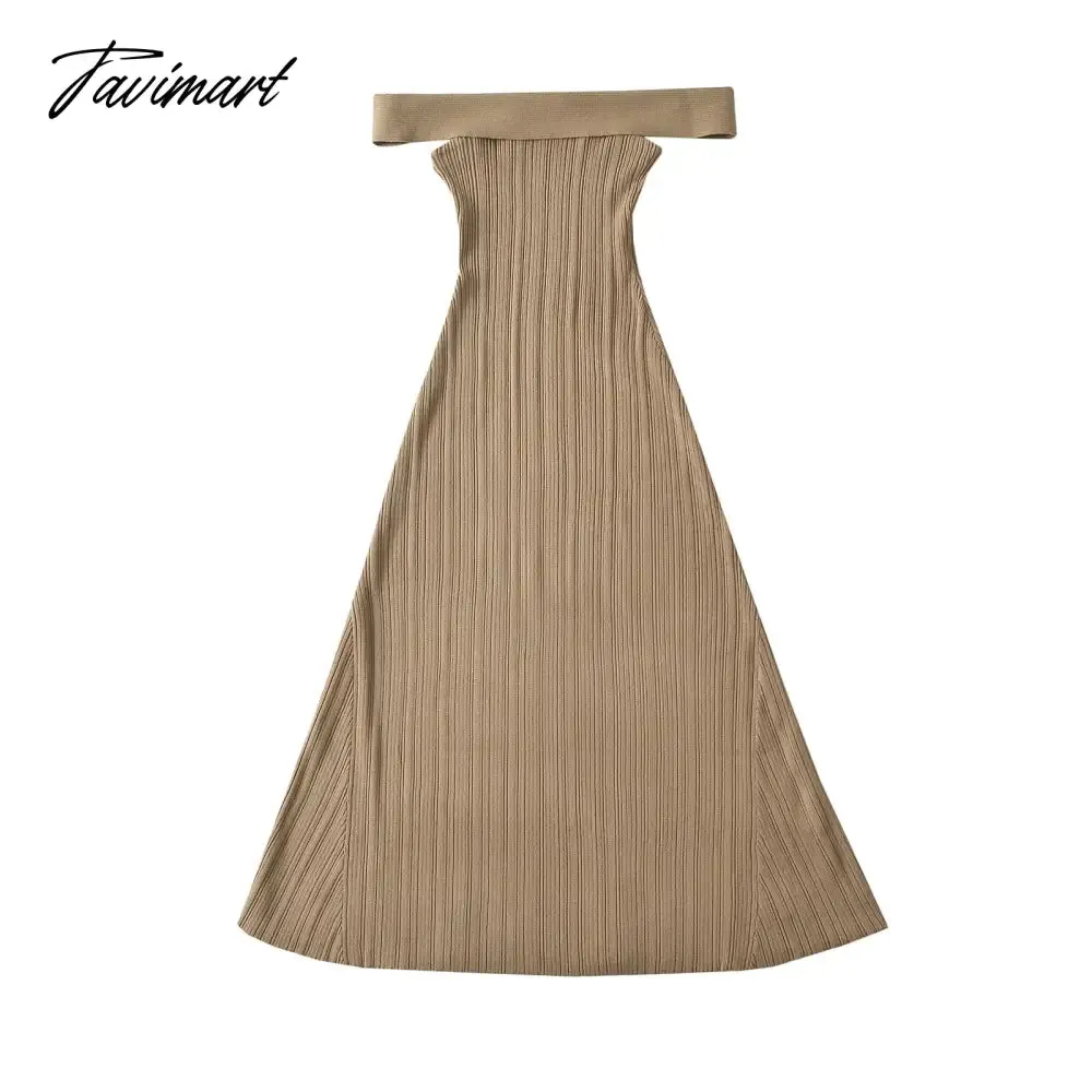 TAVIMART 2024 Winter dress women off the shoulder black short sleeve dress midi sexy elegant black knitted sweater dress slash neck blue