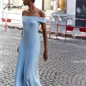 TAVIMART 2024 Winter dress women off the shoulder black short sleeve dress midi sexy elegant black knitted sweater dress slash neck blue