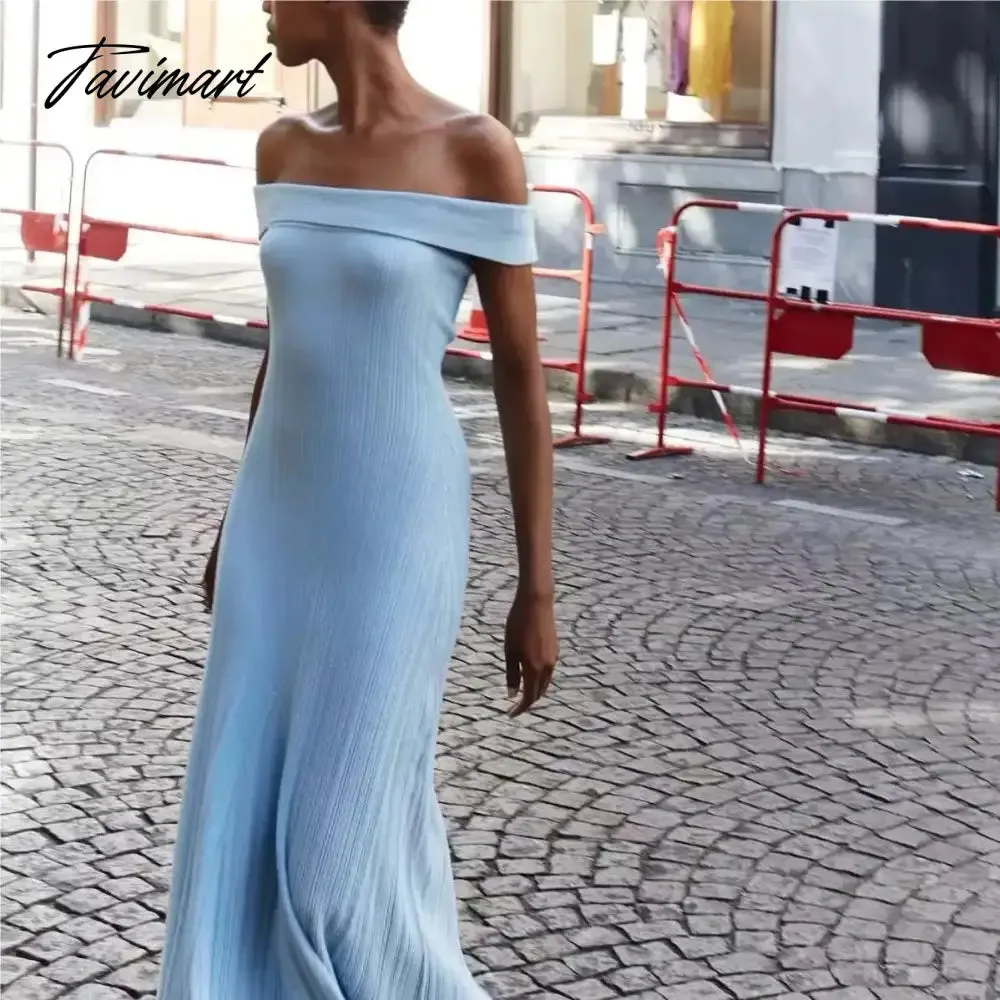 TAVIMART 2024 Winter dress women off the shoulder black short sleeve dress midi sexy elegant black knitted sweater dress slash neck blue