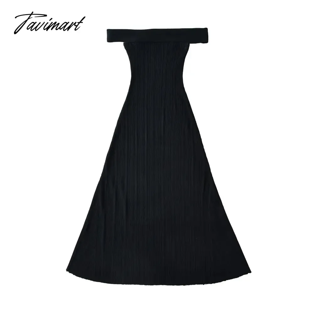 TAVIMART 2024 Winter dress women off the shoulder black short sleeve dress midi sexy elegant black knitted sweater dress slash neck blue