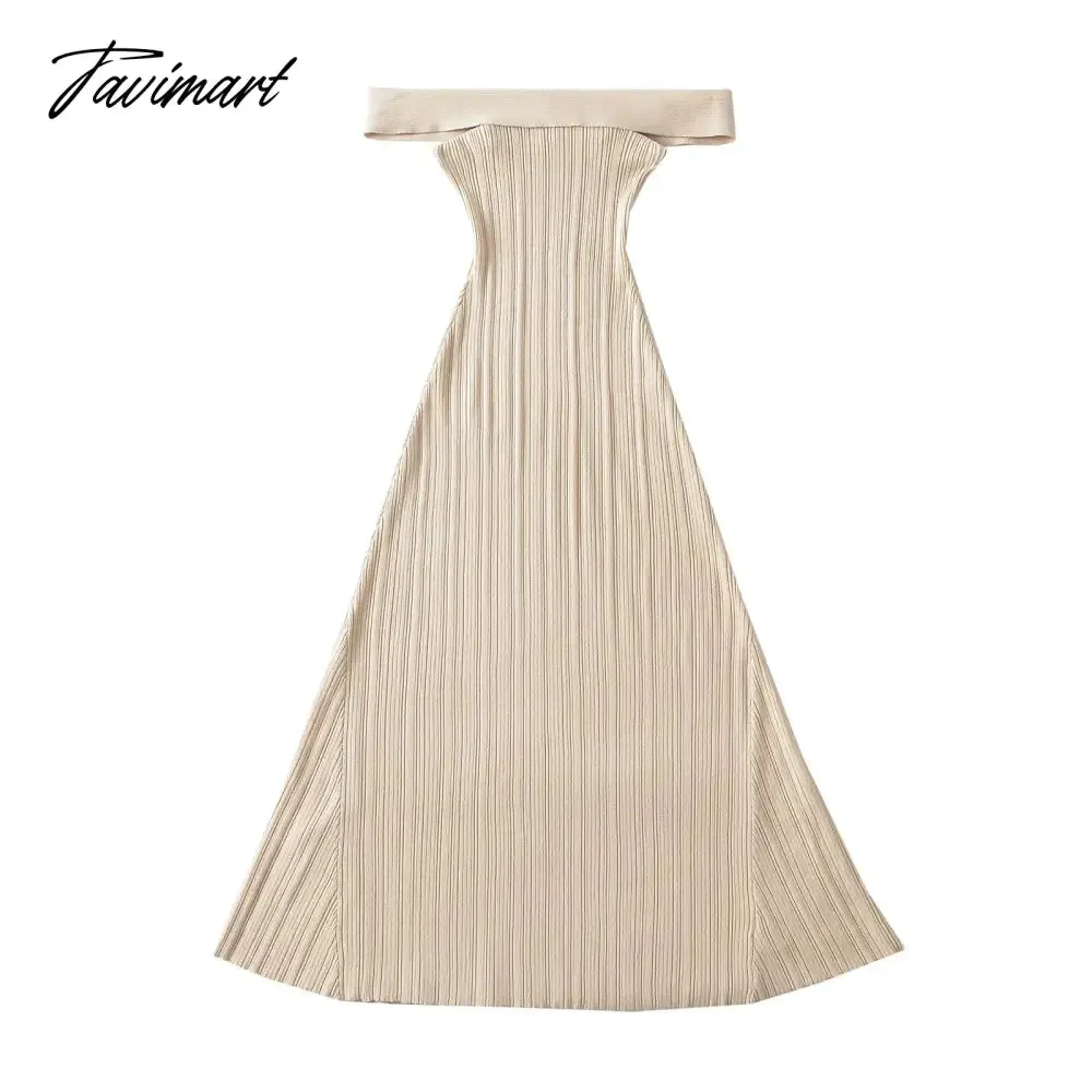 TAVIMART 2024 Winter dress women off the shoulder black short sleeve dress midi sexy elegant black knitted sweater dress slash neck blue