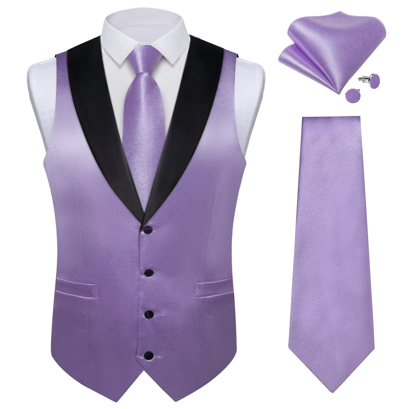Ties2you Work Vest Shining Lavender Purple Solid Shawl Collar Silk Dress Men's Vest Tie Set