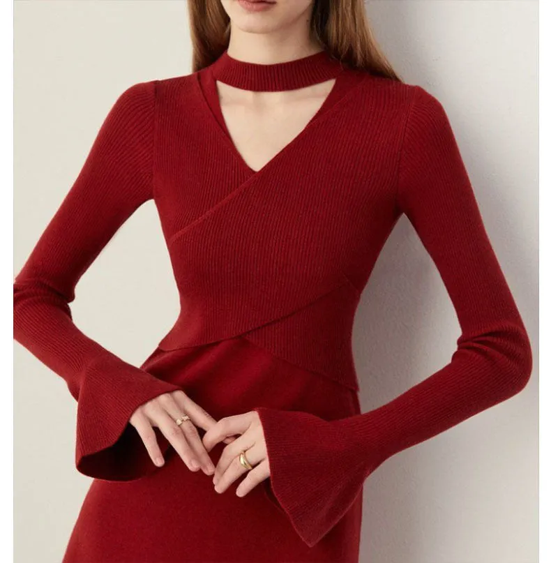 Toleet winter outfits Black Friday Christmas Thanksgiving French Style Red Knitted Dress Women's Autumn and Winter Half Turtleneck Hollow-out Slim Sweater Dress