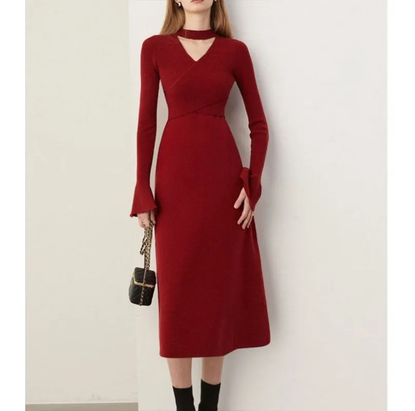 Toleet winter outfits Black Friday Christmas Thanksgiving French Style Red Knitted Dress Women's Autumn and Winter Half Turtleneck Hollow-out Slim Sweater Dress
